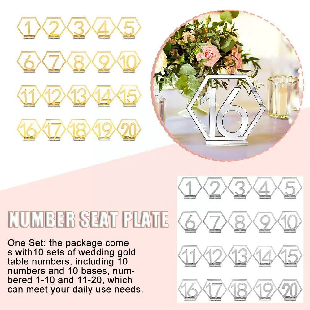 

1-20 Acrylic Table Numbers Wedding Hexagon Numbers Hollow Base Gold With Decoration Holder Out Number Reception S H2i3