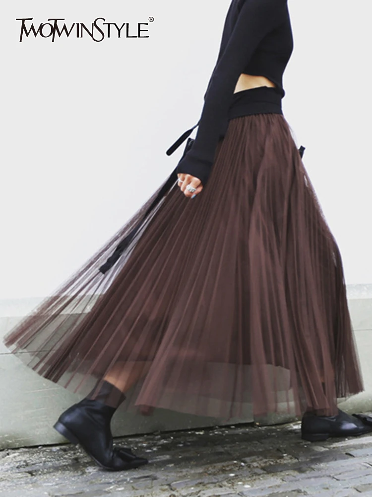 

TWOTWINSTYLE Patchwork Mesh Skirt For Women High Waist A Line Solid Minimalsit Midi Skirts Female Summer Clothing Fashion New