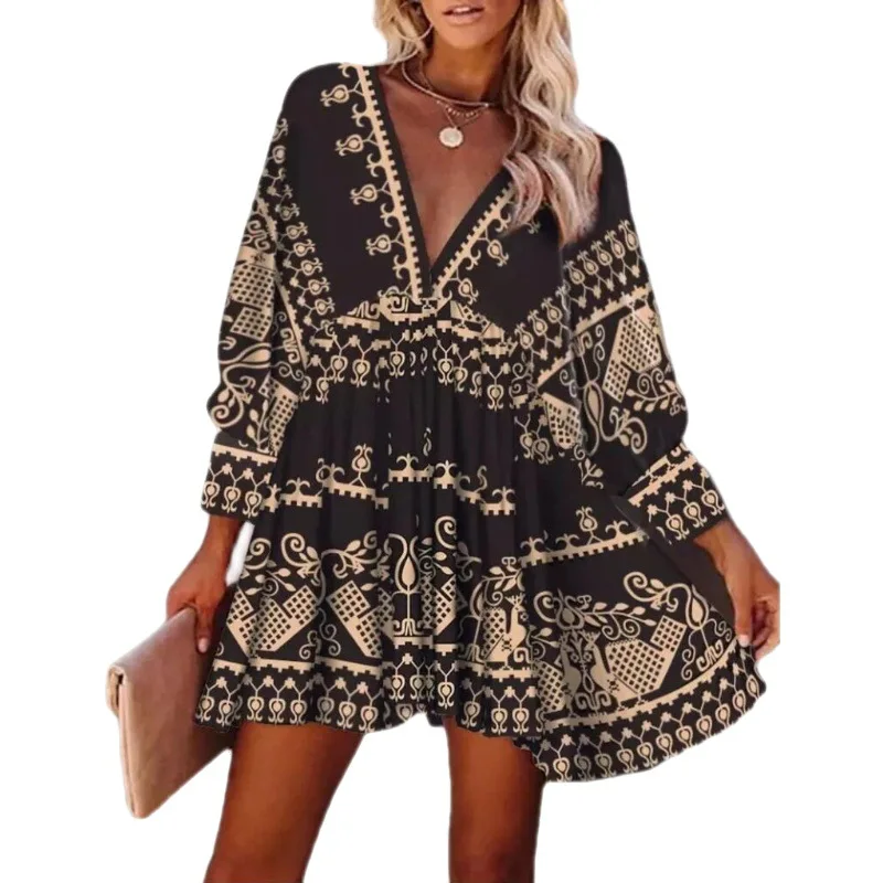 

Женское платье с длинным рукавом, Повседневное платье с глубоким V-образным вырезом и принтом в богемном стиле, праздничные пляжные платья, ...