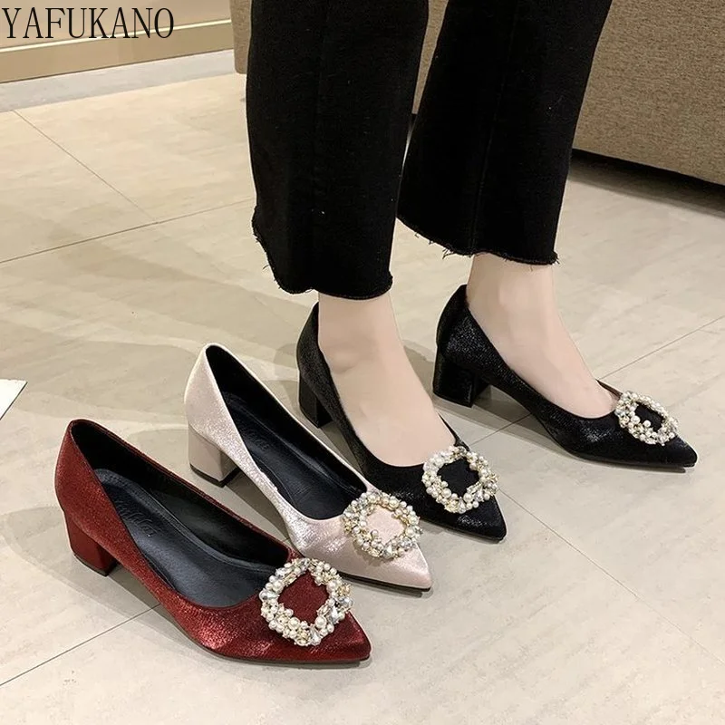 

Туфли-лодочки женские на высоком каблуке 5 см, заостренный носок, высокий каблук, квадратная пряжка, жемчуг, Свадебная обувь для невесты