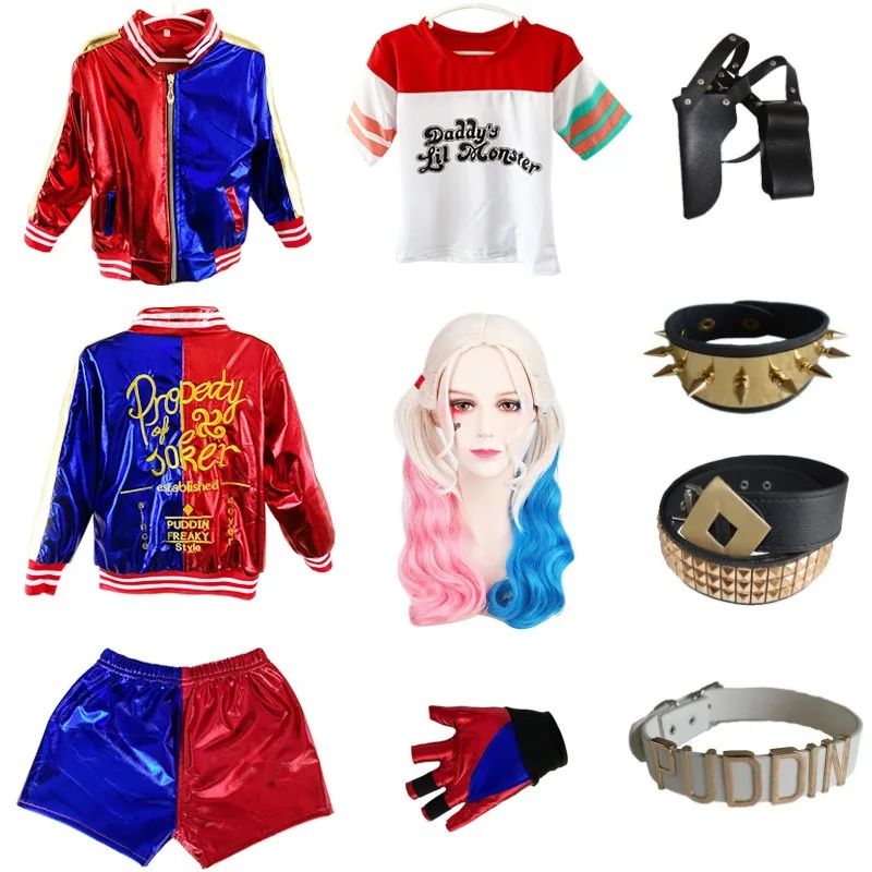 Girls Harley Squad Monster Shirt Quinn Costume Printed Jacket Pants Gloves Suicide Cosplay Halloween Parent-child