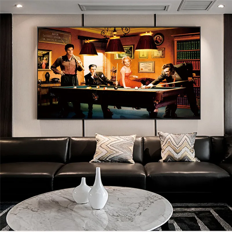 

Modern Classic Movie Poster Canvas Painting Elvis Presley, Humphrey Bogart, Play Billiards Wall Art Portrait Picture Home Decor