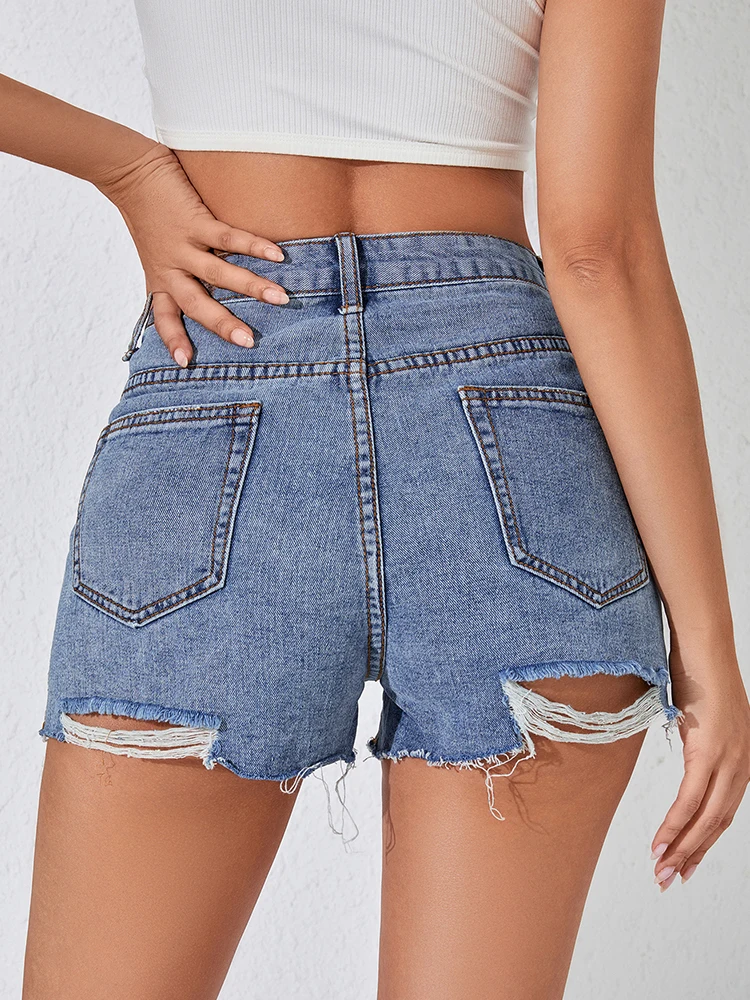 Streetwear Women Hole Frayed Raw Hem Blue Denim Shorts Spring Summer Female Retro High Waist Jeans Shorts Bottoms