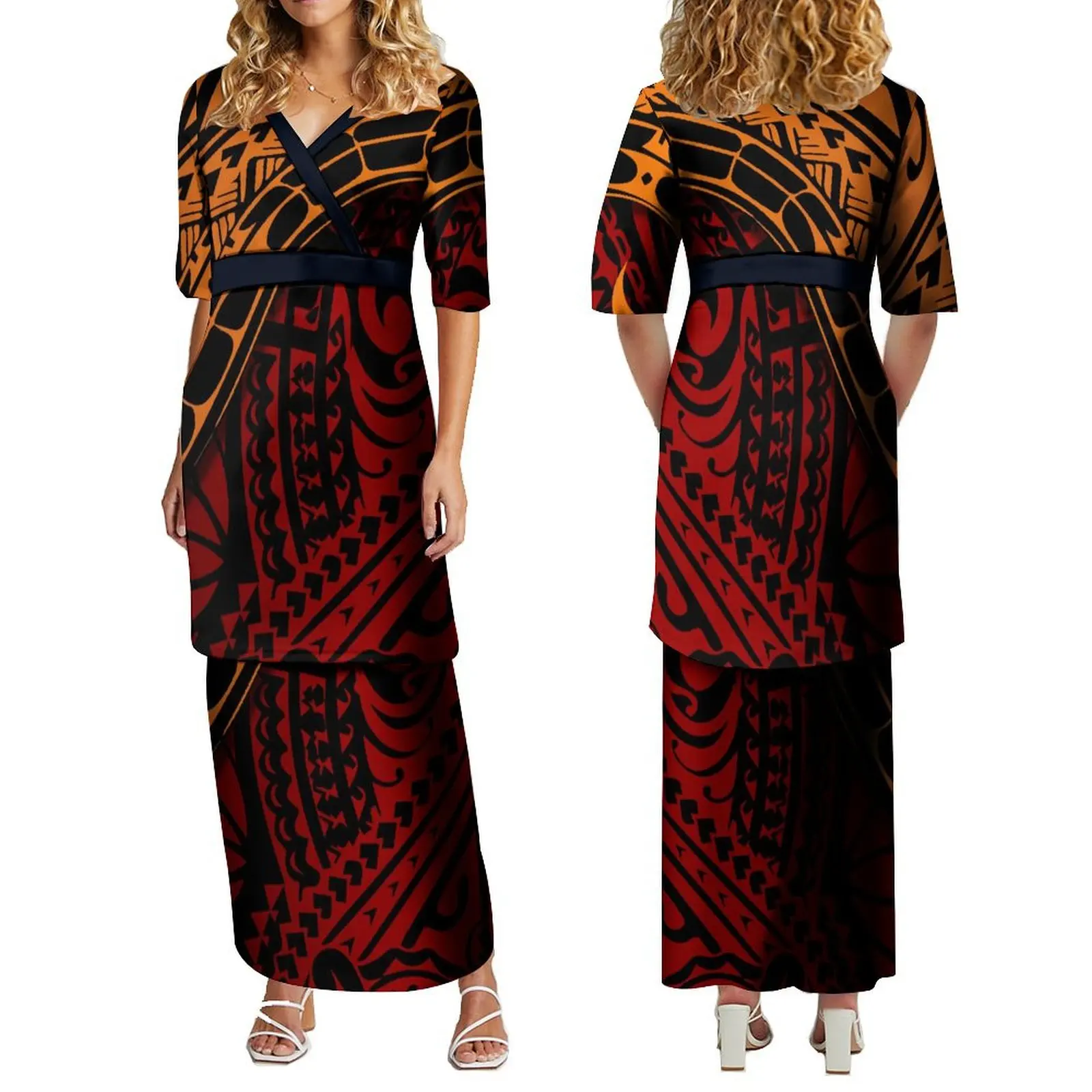 Женское длинное платье с V-образным вырезом в полинезийском стиле