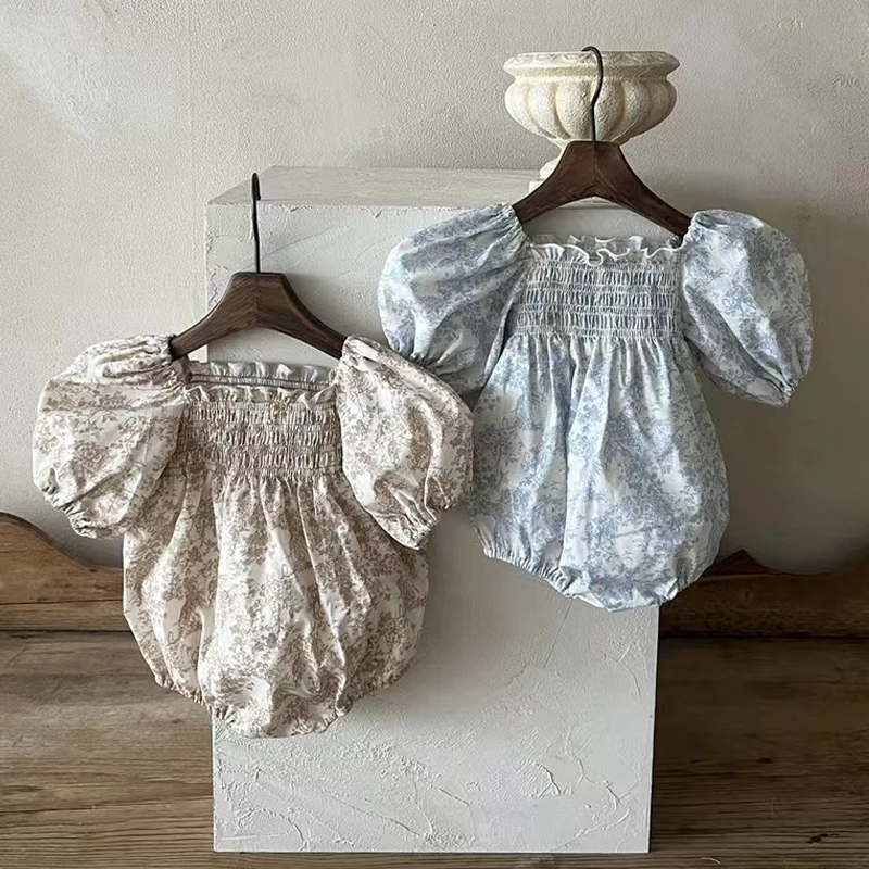 

2023 Summer Fashion Baby Girls Bodysuit Cotton Short Puff Sleeve Floral Jumpsuit Newborn Infant Toddler Girl Bubble Romper