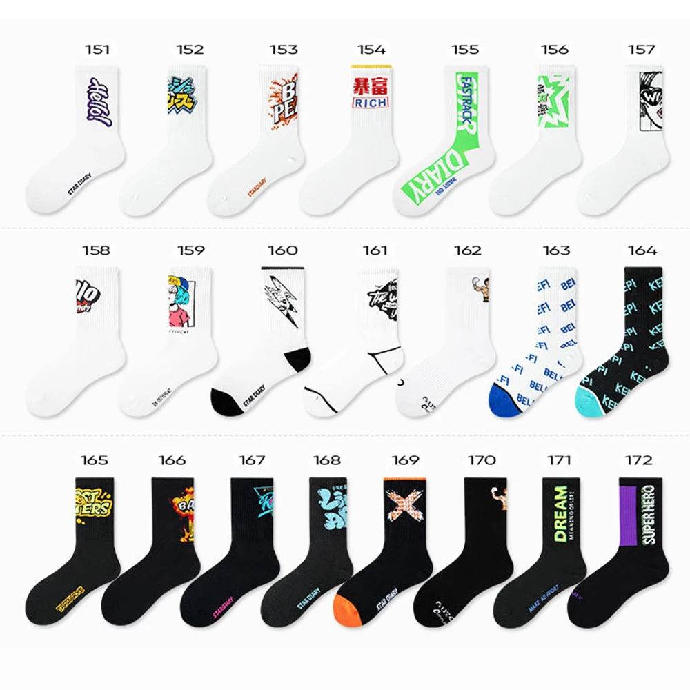 3Pairs Basketball Hip-Hop Happy Skateboard Socks Sports Crew Funny Cartoon Pattern Socks Men Fashion Harajuku Unisex Fun Socks