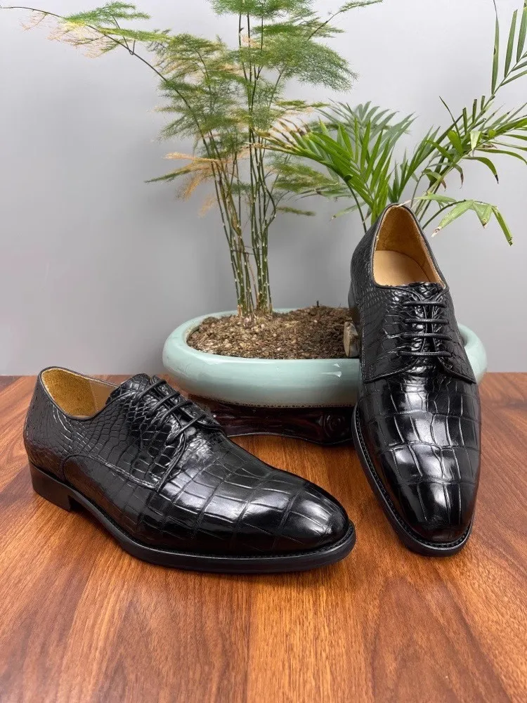 Туфли мужские из натуральной кожи под крокодила на шнуровке и блочном каблуке