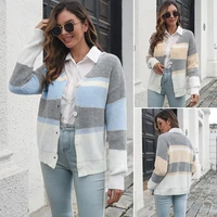 striped color contrast breasted loose knit cardigan autumn and winter new style
