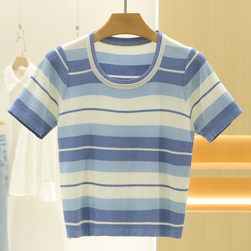 [Mo] Модный утягивающий универсальный вязаный топ с короткими рукавами и круглым