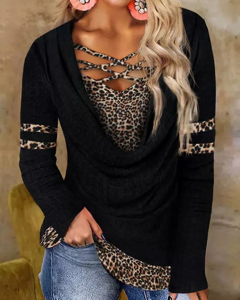 

Ninimour Women Crisscross Cheetah Print Fake Two-piece Top 2023 Women V Neck Hollow Out Long Sleeve Leopard T-Shirts Blouse New