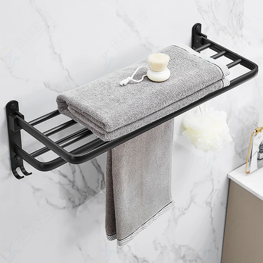 towel rack 40 60 cm folding holder with hook bathroom accessories wall mount rail shower hanger aluminum bar matte black shelf free global shipping