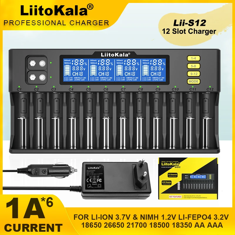 

LiitoKala Lii-S12 21700 9V Battery Charger LCD Display 12 Trough For 1.2V 3.8V 3.2V 3.7V IMR NiMH/Cd 18650 26650 26700 AA AAA