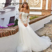angelsbridep a line tulle wedding dresses 2022 bohemian illusion sleeves sweep train vestidos de novia with lace robe de mari%c3%a9e