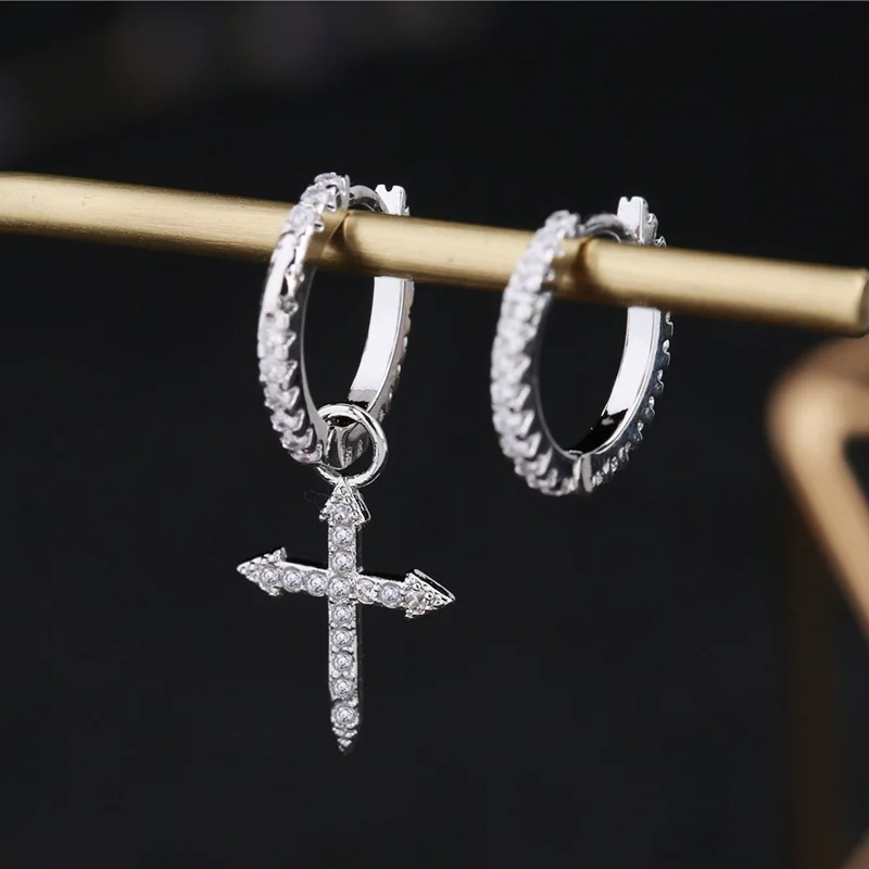 SIPENGJEL Fashion Exquisite Cross Drop Asymmetry Earrings Silver Color Dangle Hoop Earrings For Women Man Jewelry 2021 Trend