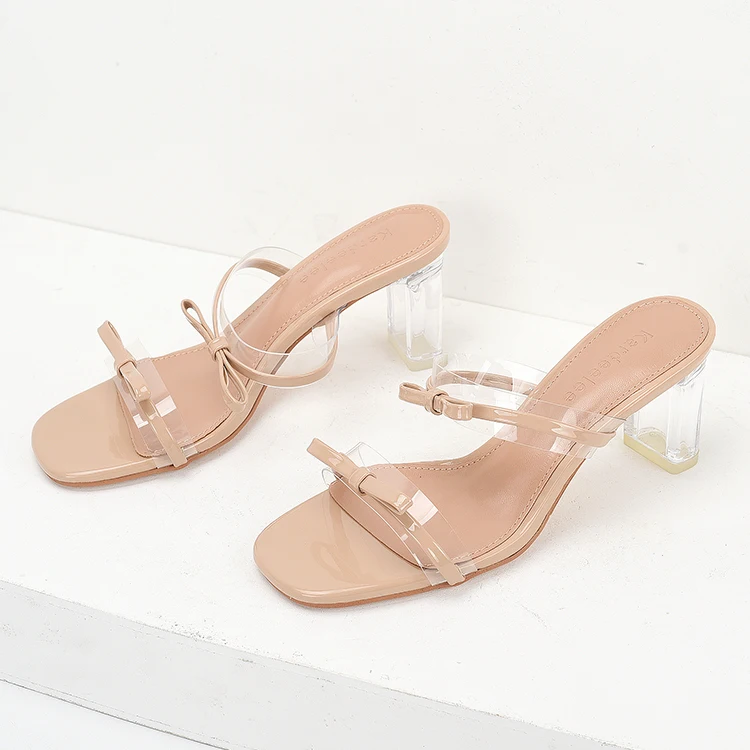 patent leather bow transparent temperament female crystal French high-heeled thick-heeled sandals slippers female