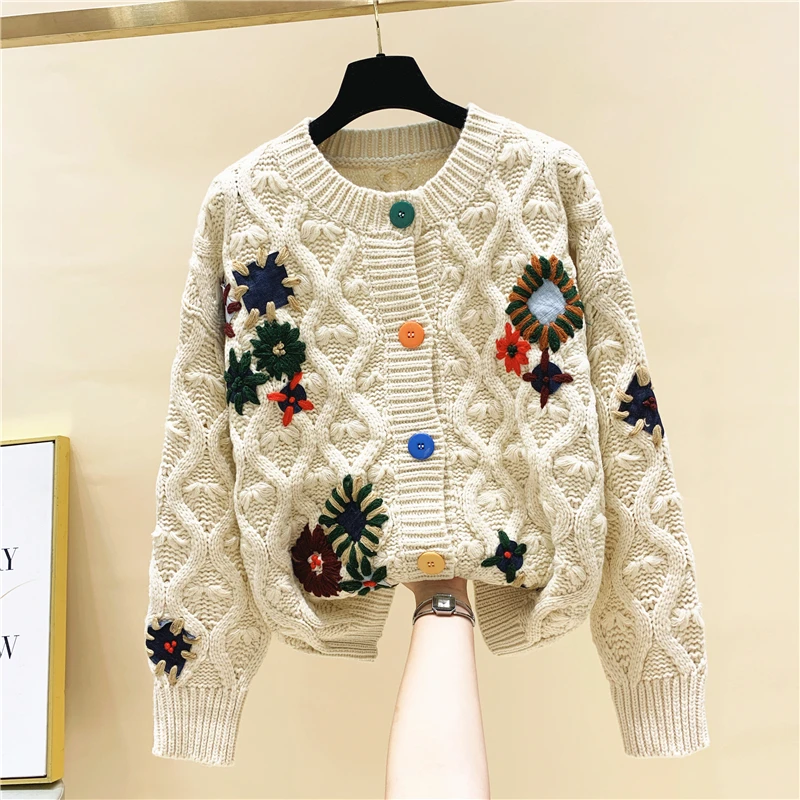 

Vintage Knitted Flower Women Sweater Cardigan Winter New 2022 O-Neck Thicken Warm Female Outwear Coats Tops