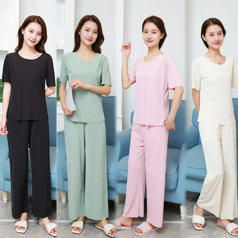 

Summer Suit For Women French Solid Color Ice Silk Sleepwear Pajamas Two Piece Set Home Wear Nightwear Comfortable Pyjamas