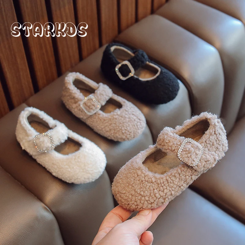 Little Girls Lambwool Shoes Autumn Furry Ballet Flats Kids Winter Warm Plush Mary Janes With Crystal Buckle