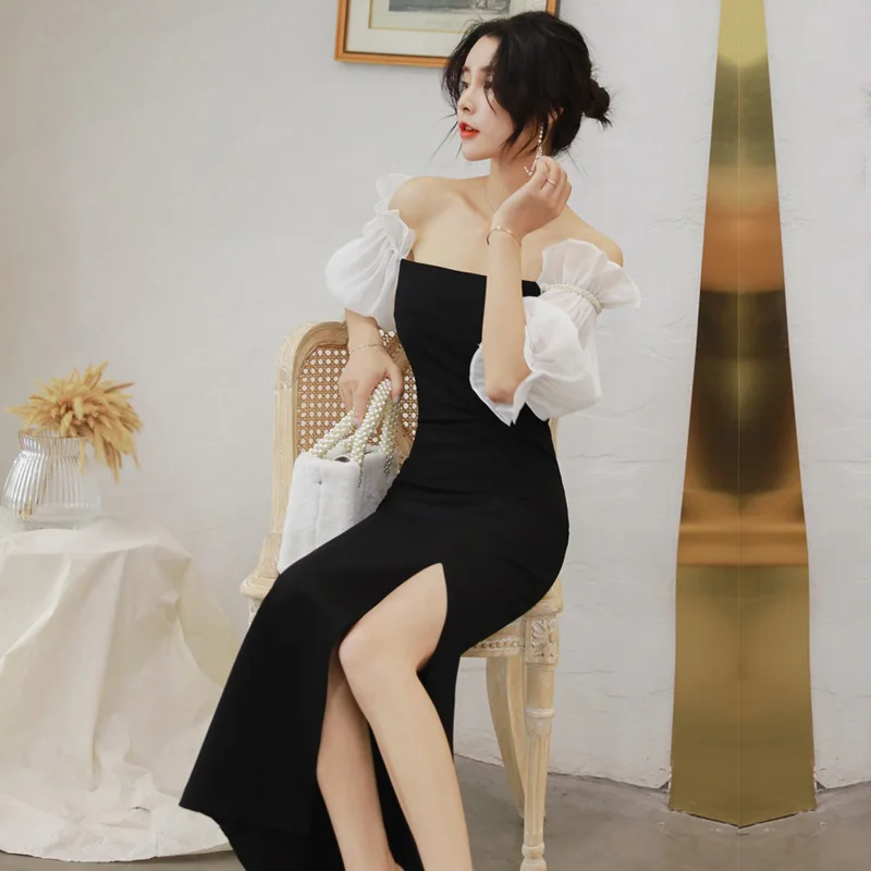 

2022 Women Summer Long Dress Slash neck Side Cut Lantern Sleeve Elegant Evening Party Black Vestidos Formal Women's Clothing