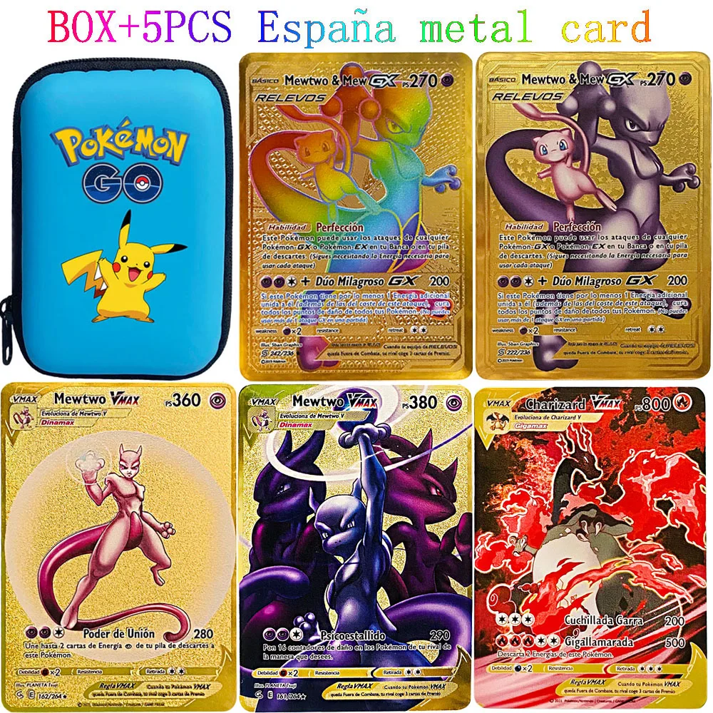 5 шт./компл. испанский Покемон металлическая карточка Аниме Пикачу Чаризард Gold