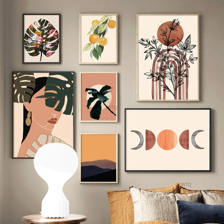 

Monstera Girl Orange Bridge Moon Abstract Nordic Posters And Prints Wall Art Canvas Painting Wall Pictures For Living Room Decor
