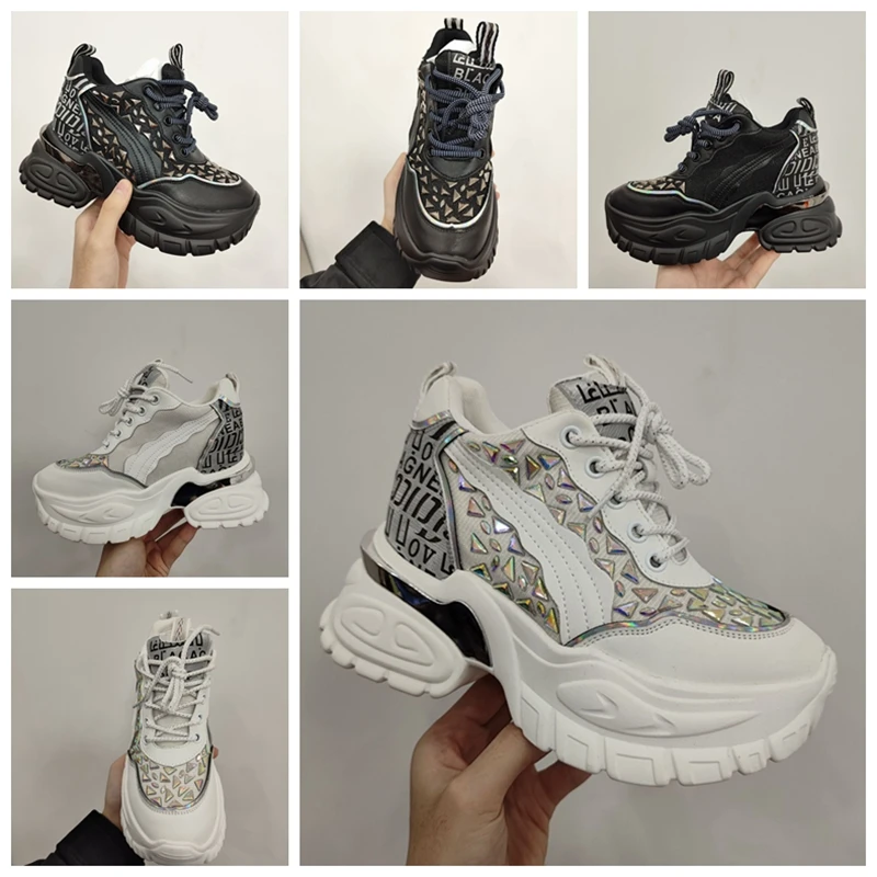 Autuspin 8.5cm Hidden Heels Women Fashion Rhinestone Vulcanize Shoes Spring Summer Genuine Leather Platform Wedge Sneaker Woman