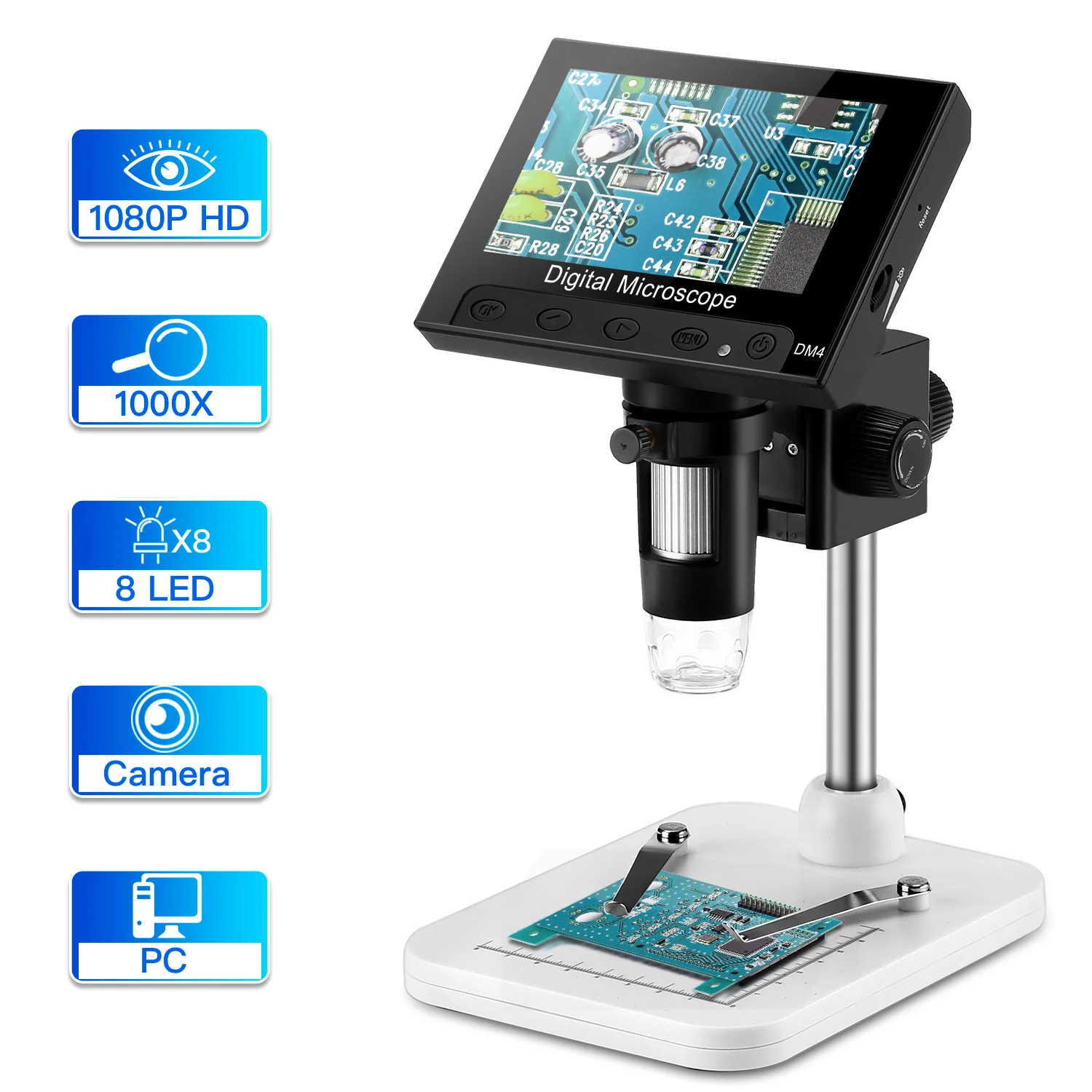 

4.3" LCD Display HD 720P DM4 1000X Zoom Digital Microscope Endoscope Record with 8 LEDs Stand for Repair Soldering
