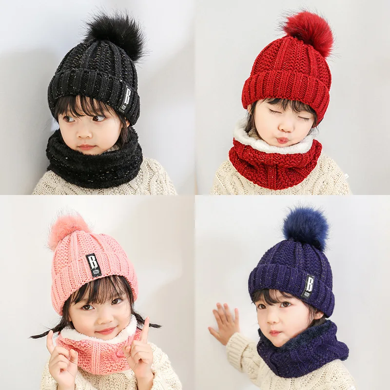 Knitted Hat Kids Scarf Caps Neck Warmer Winter Hats child Unisex Muffler Skullies Beanies Warm Fleece Cap Adult Elastic Suit