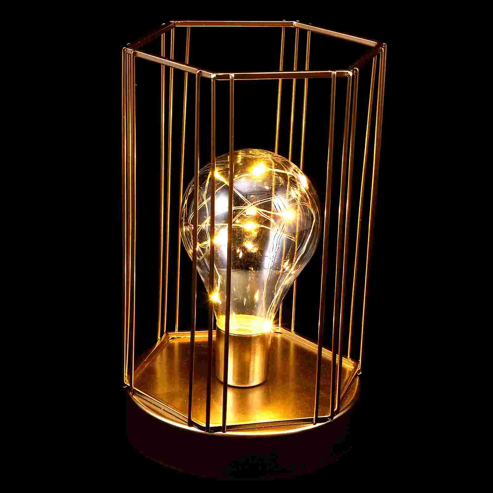 

Lamp Night Lamps Table Bedside Light Metalgeometric Cage Gold Deskiron Golden Industrial Base Vintage Retro Ornament Atmosphere