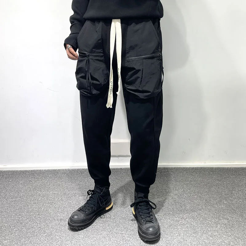 Men's Harajuku Style Simple Casual Leggings Autumn New Dark Style Personality Stitching Large Pocket Loose Overalls