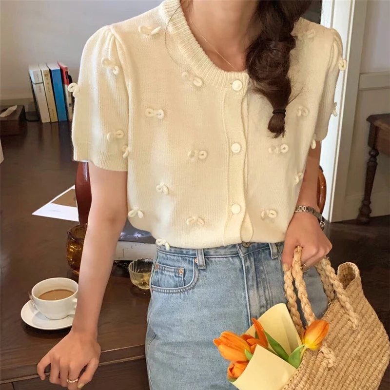 

Женский трикотажный кардиган, повседневный однобортный свитер абрикосового цвета с рукавом-бантом, свободного покроя, в Корейском стиле, н...