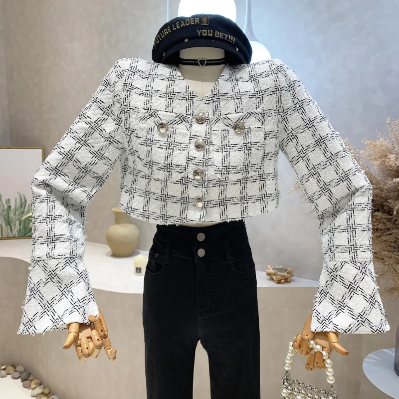 

Houndstooth Short Coat Fashion for Women 2023 Autumn New Elegant Socialite Design Tweed Long Sleeve Ladies Jacket All-Matching