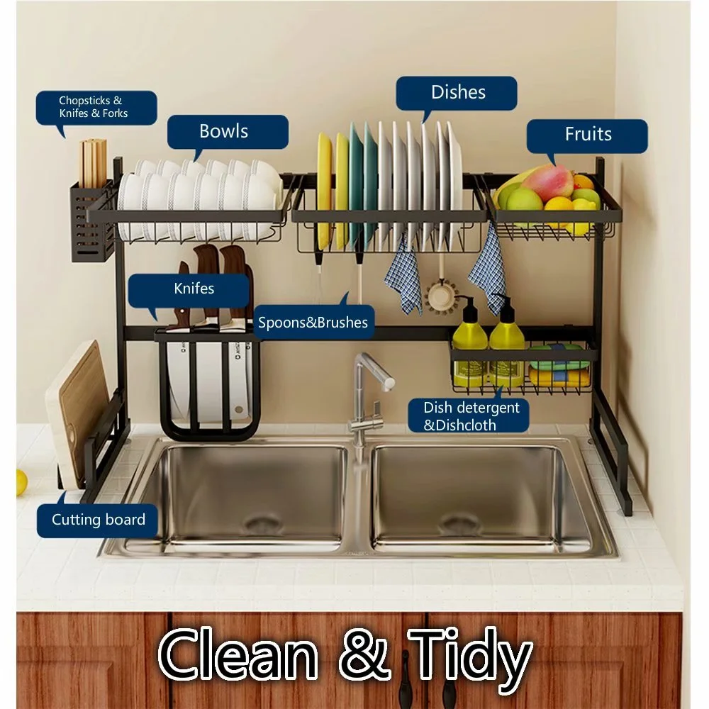 Sink Dish Drying Rack Kitchen Over the Sink Dish Drain Rack Utensil Holder Double Sink Stainless Steel Matt Black