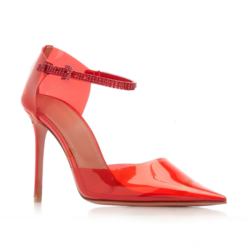 

French High-heel Hollow Women's Shoes 2022 Spring Rhinestone Buckle with Pointed Baotou Transparent Stiletto Sandals Women