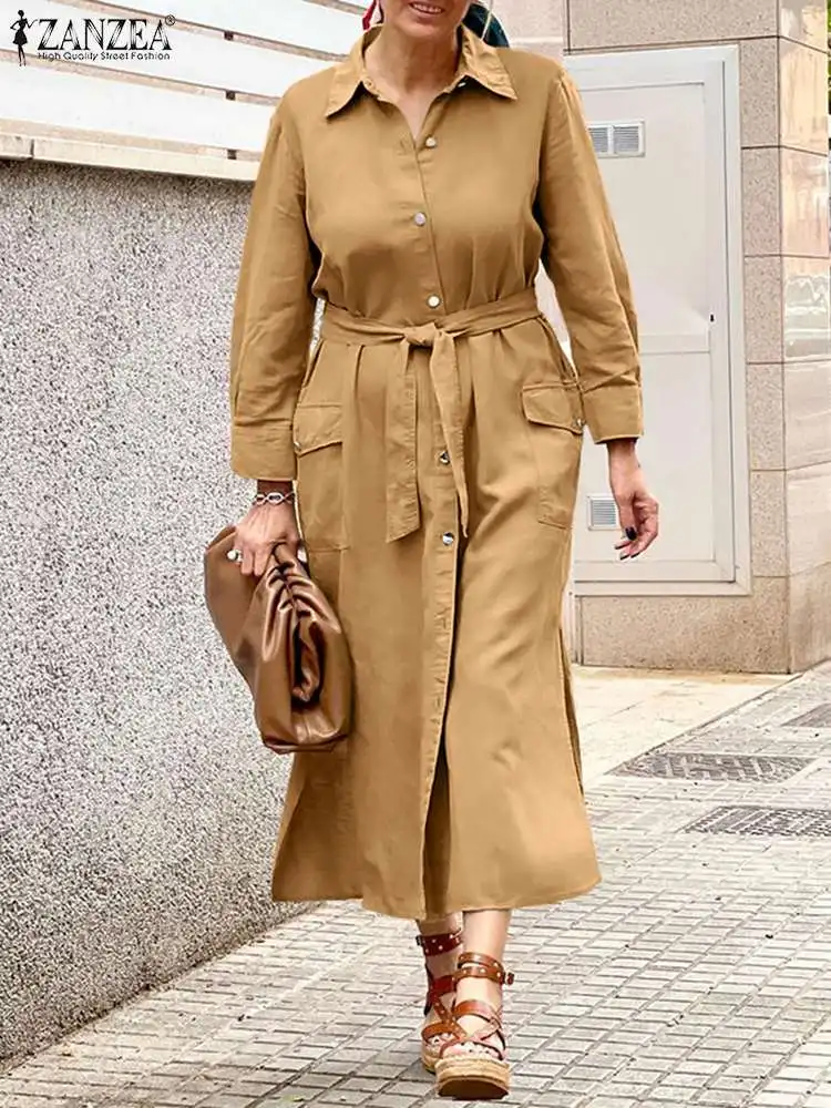 

ZANZEA Elegant Shirt Dress Women Fashion Office Lady Maxi Sundress Casual Long Sleeve Vestidos 2022 Oversized Belted Solid Robe