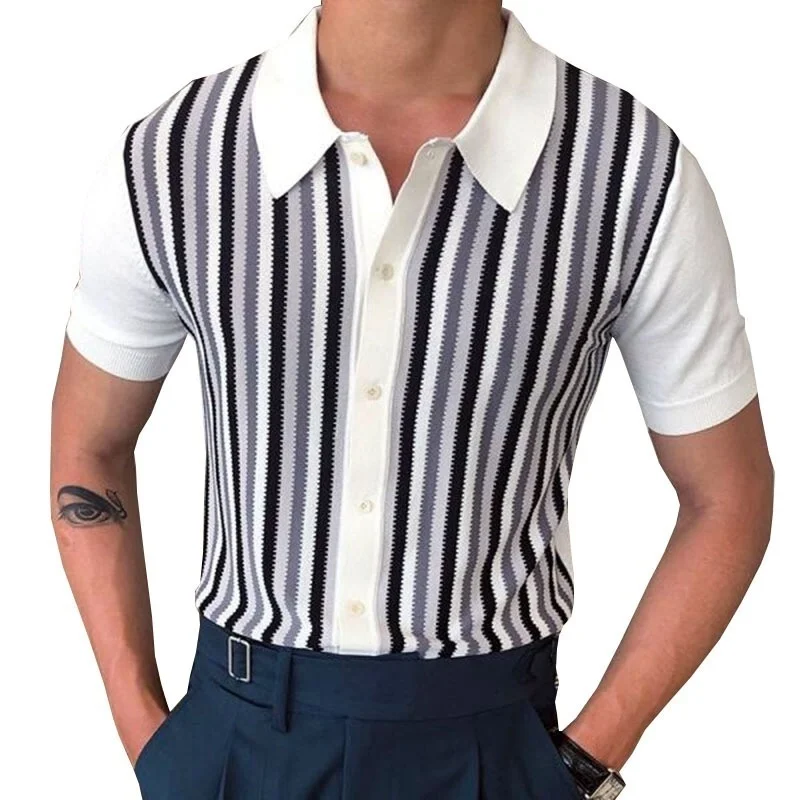 

Cardigan Men's Shirt Knit Polo Stripe Men's Short Sleeve Button Up Shirts 35% Cotton Summer Mens Fashion Clothing Trends Shirt
