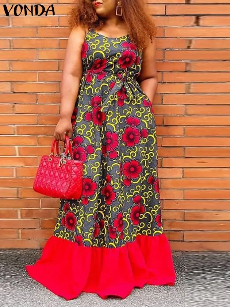

VONDA Women Bohemian Tank Dress 2022 Summer Pleated Sleeveless Floral Print Holiday Sundress Sexy Casual Party Maxi Robe Femme