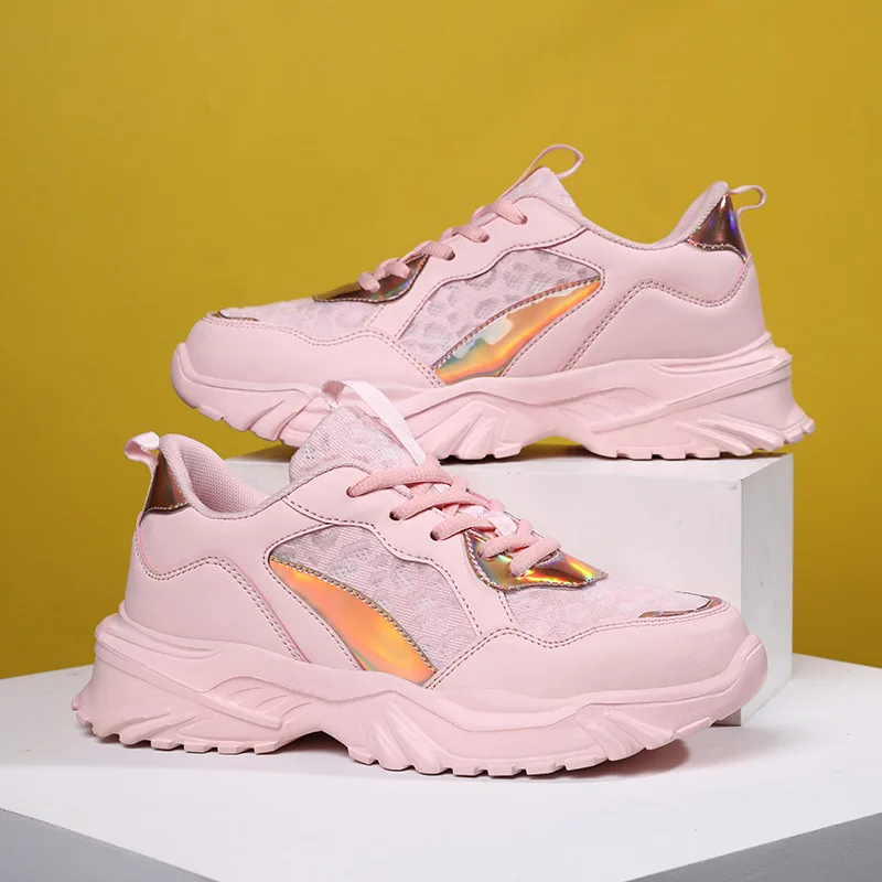 Lovely Pink Chunky Sneakers Women 2022 Thick Sole Girls Sport Running Shoes Bright White Fashion Casual Dad Shoes Women Footwear