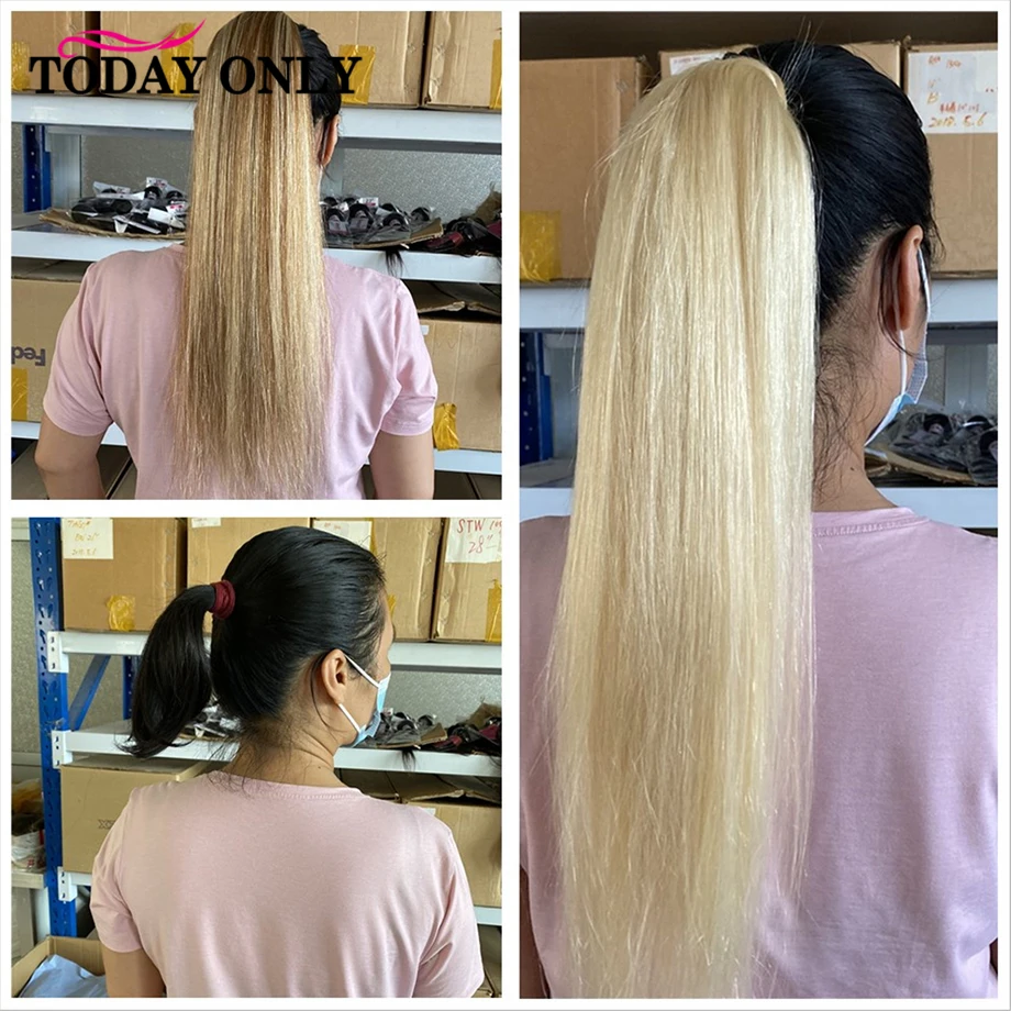 Ponytail Wrap Around Extensions Human Hair Straight Blonde Gray Natrual Ponytails Clip In Hair Extensions 20inch Remy Today Only