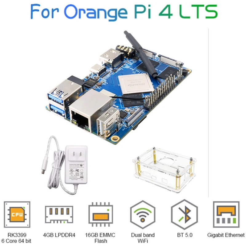 

For Orange Pi 4 LTS 4GB Rockchip RK3399 16GB EMMC Development Board+5V4A Power Supply+Acrylic Case
