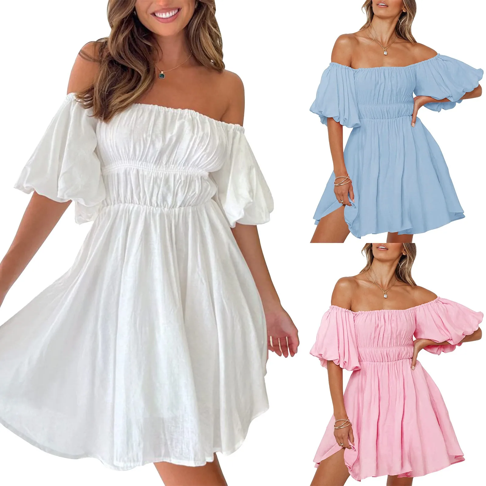 Women Solid Puff Long Sleeve Off Shoulder Ruched Mini Dress Ruffle Corset A Line Dresses Skims White Elegant Party Club Vestidos