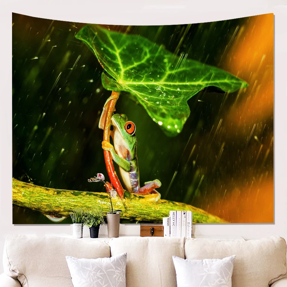 

Green Animal Tapestry Tree Frog on a Rainy Trees Branch Watercolor Decor Tapestries Bedroom Living Room Dorm Home Wall Hanging