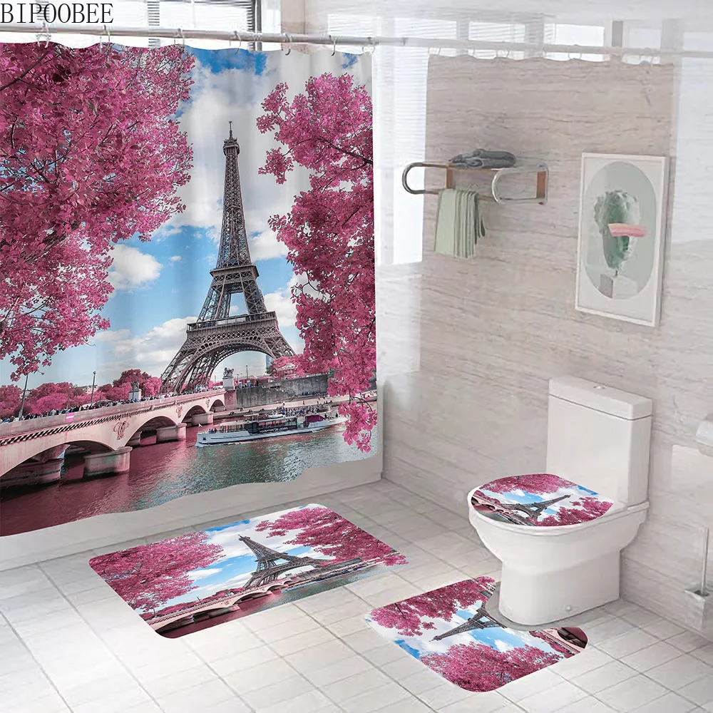 

Paris Eiffel Tower Bathroom Curtains Fabric Waterproof Polyester 3D Shower Curtain Toilet Pad Cover Bath Mats and Non-slip Rugs