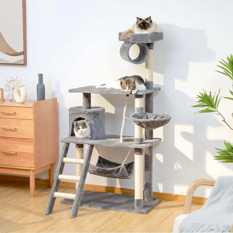 

Cat Tree Tower Cat Scratcher with Sisal Columns Cat Hammock Condo Cozy Perches Stable Cat Climbing Frame with Cat Tunnel Ladder