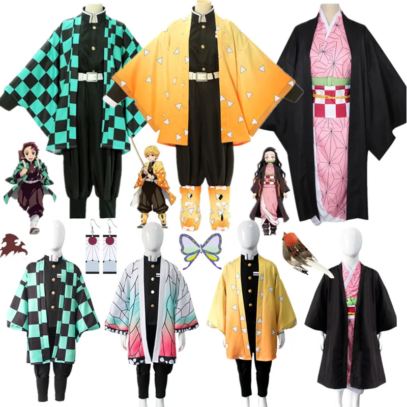 Anime Demon Slayer Kimetsu No Yaiba Zenitsu Giyu Tanjirou Nezuko Kamado Cosplay Costume Women Kids Men Kimono Uniform Clothes