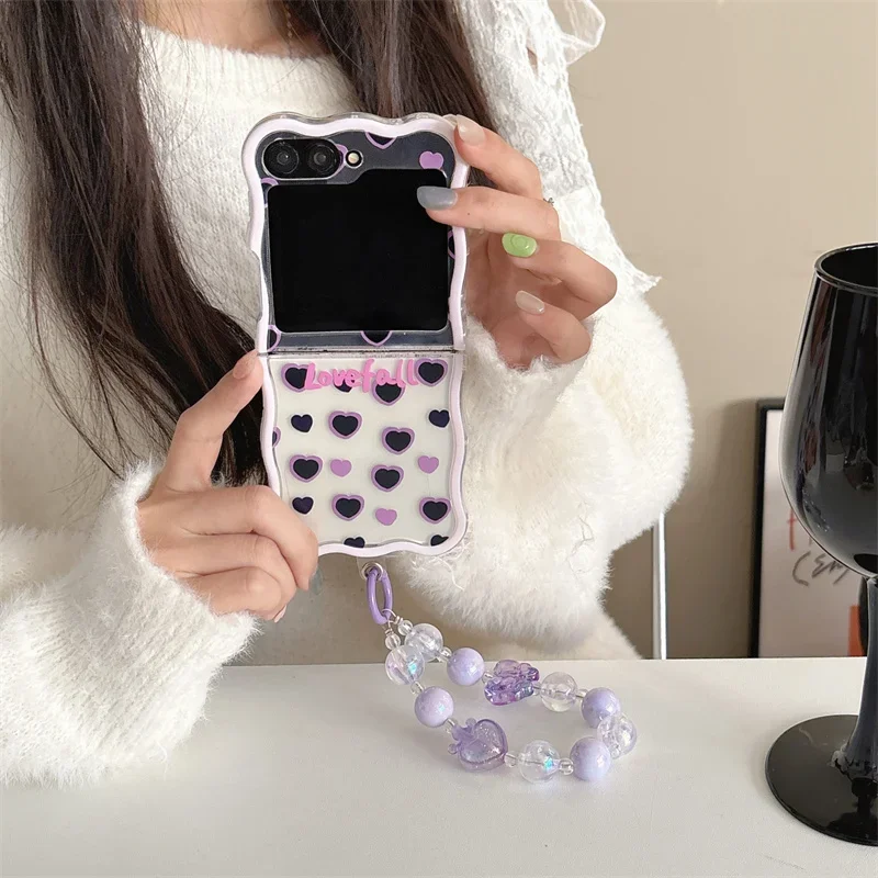 Чехол-браслет Ins Love Heart для телефона Samsung Galaxy Z Flip 6 3 4 5 Wave прозрачный противоударный