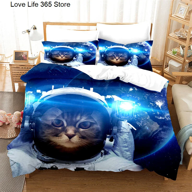 King Queen Double Size Animal Funny Cat Print Duvet Cover Set Microfiber Comforter Cover Room Decor