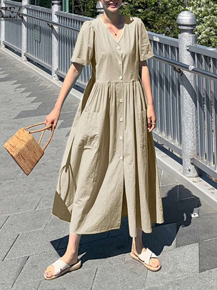

Summer New In Dresses for Women 2023 Korean Style LOOSE V-Neck Vintage Dress Solid Single Breasted Streetwear Long Dresses Robe