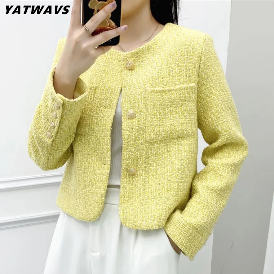 2022 Autumn New Fashion Single Breasted Loose Outwear Elegant Yellow Tweed Jacket Coats For Women O Neck Long Sleeve Female Tops