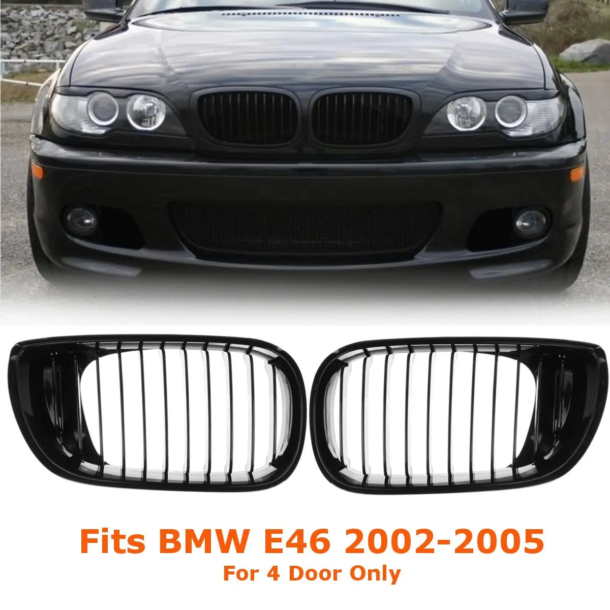 1Pair Gloss Black Car Front Kidney Grille Grill For BMW E46 LCI 4D 325i Facelift 2002 2003 2004 2005